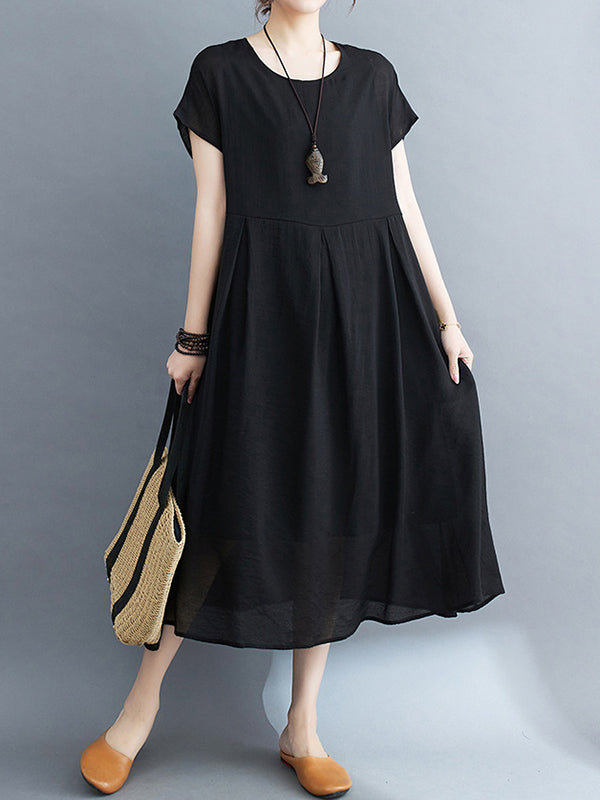 Solid Color Split-Joint Loose Short Sleeves Round-neck Midi Dresses