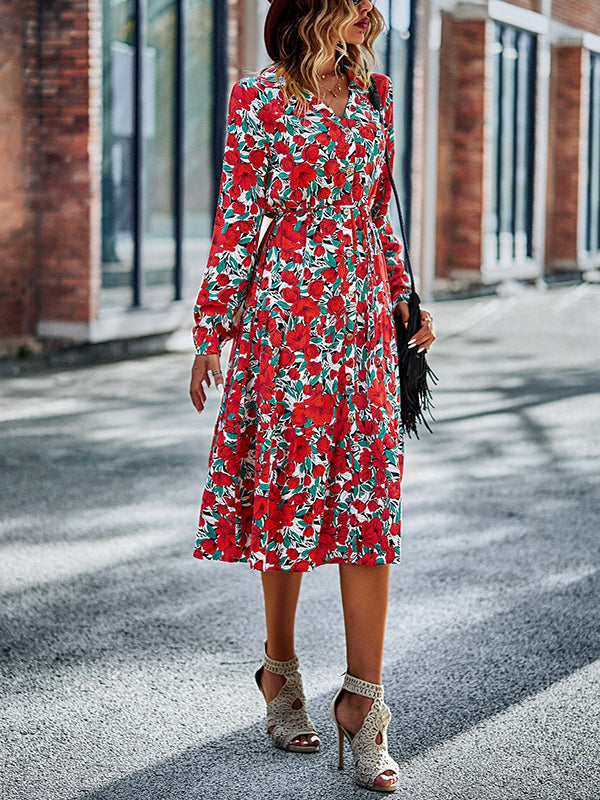 Bohemia Long Sleeves Floral Printed V-Neck Dress