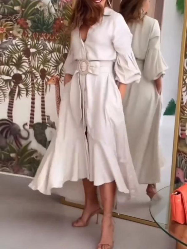 Pleated Solid Color High-Low Puff Sleeves Lapel Collar Maxi Dresses