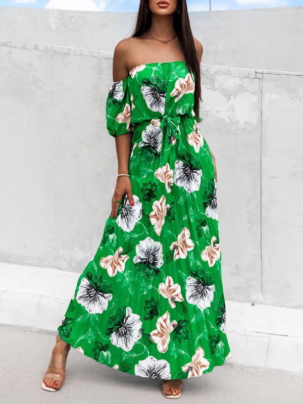 Elasticity Flower Print Pleated Split-Joint Tied Waist A-Line Loose Off-The-Shoulder Maxi Dresses