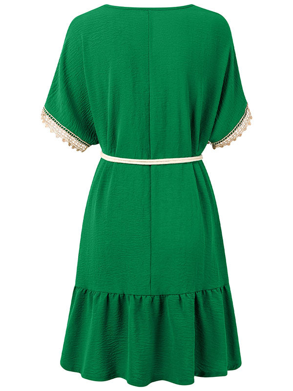 Belted Split-Joint Short Sleeves V-neck Mini Dresses