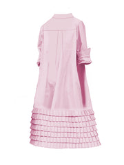 Layered Pleated Pockets Solid Color Split-Joint A-line Long Sleeves Lapel Shirt Dress Midi Dresses