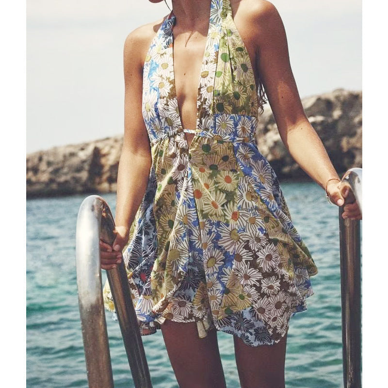 New fashionable V-neck suspender sexy printed halter neck short dress