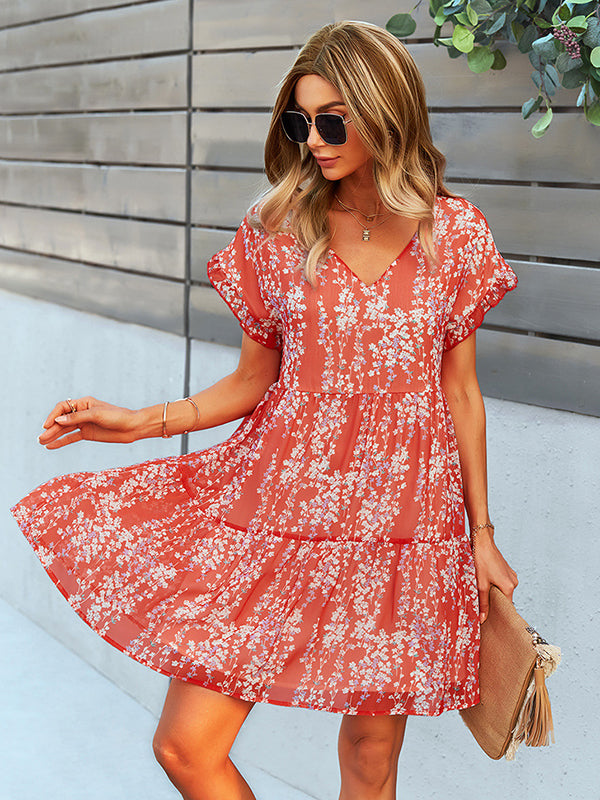 Bohemia Flared Sleeves Floral V-Neck Dress