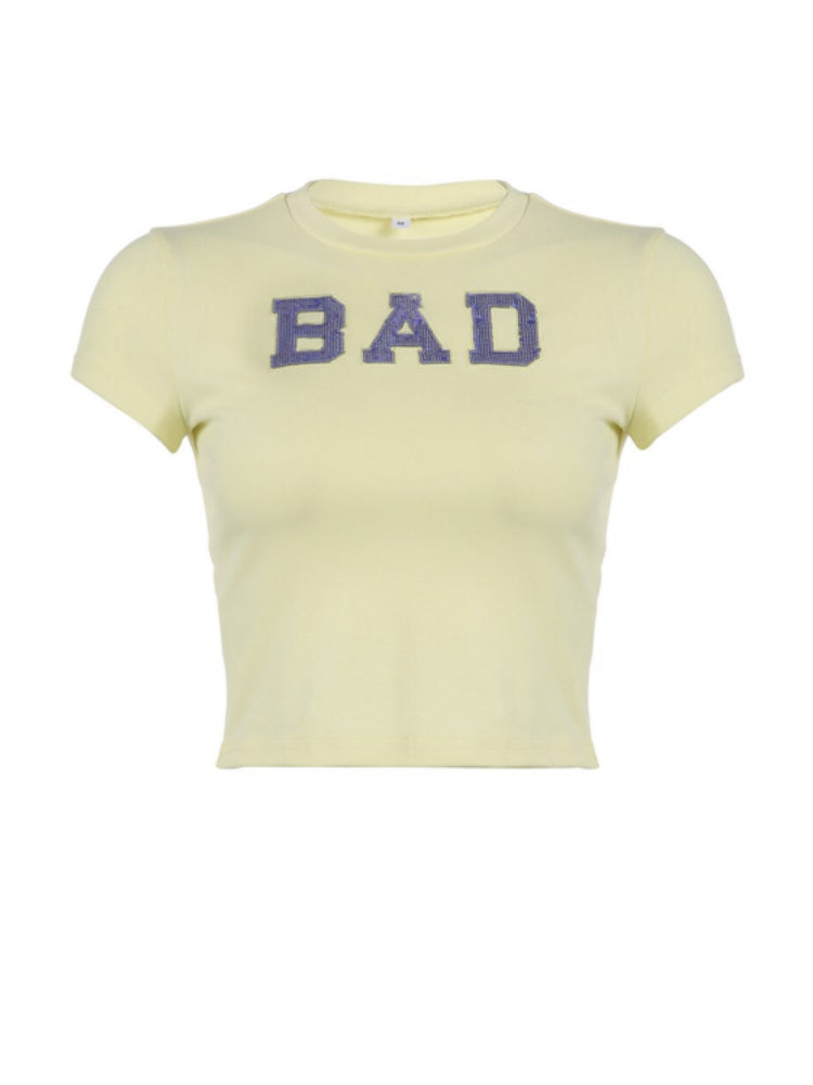 Yellow Letter Sequined Embroidery Top