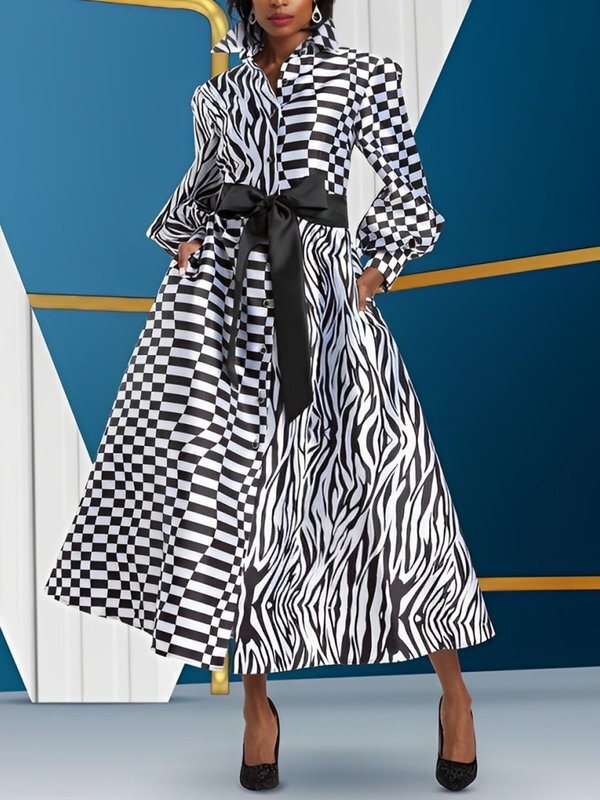 Buttoned Contrast Color Plaid Pockets Tied Waist A-line High Waisted Lapel Midi Dresses