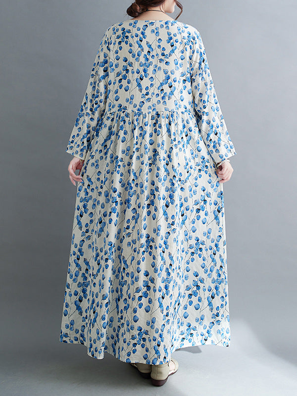 Flower Print Split-Joint Long Sleeves Loose Round-Neck Midi Dresses