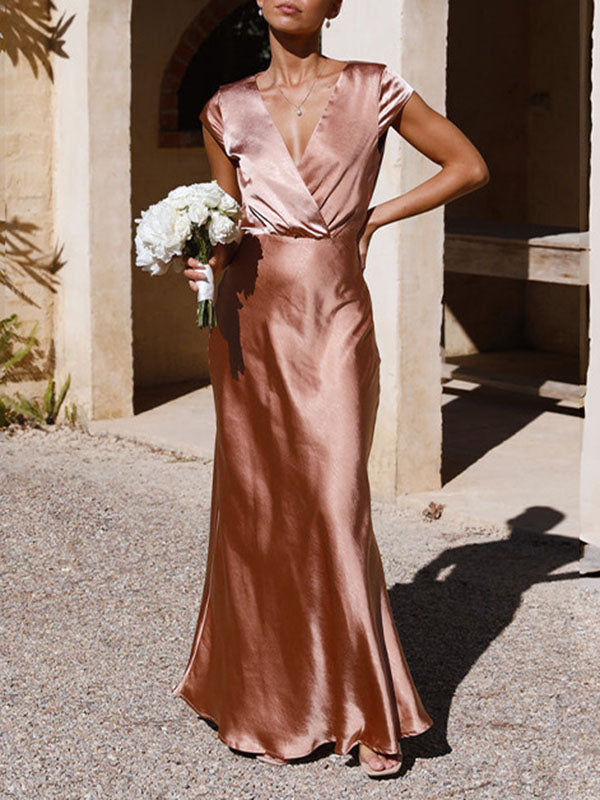 Pleated Solid Color Split-Joint Loose Short Sleeves V-Neck Maxi Dresses