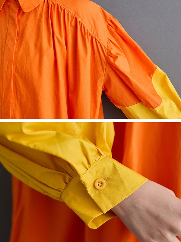 Contrast Color Pleated Split-Joint Loose Puff Sleeves Lapel Shirt Dress Midi Dresses