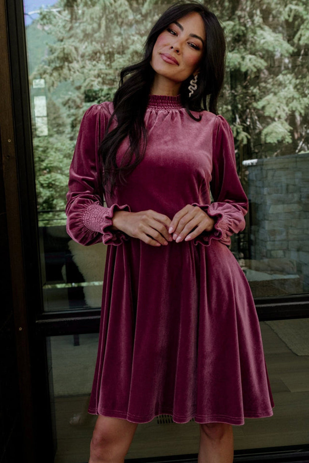 Burgundy Long Sleeve Dress Smocked High Neck Flounce Sleeve Velvet Dre