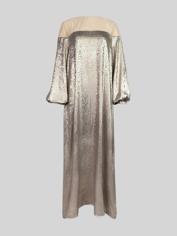 Gauze See-Through Shiny Split-Joint A-Line Loose Round-Neck Maxi Dresses Evening Dresses