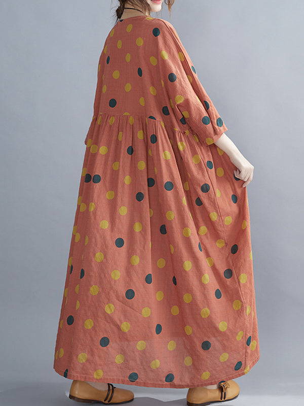 Artistic Retro Vintage Polka-Dot Loose Pleated Midi Dress