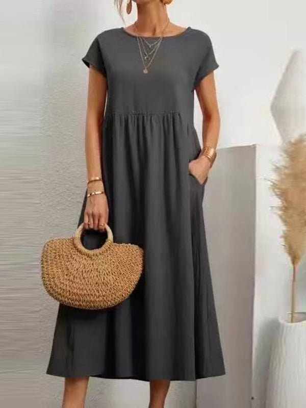 Pleated Solid Color Loose Short Sleeves Round-Neck Midi Dresses