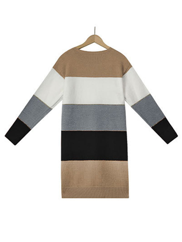 Casual Long Sleeves Contrast Color Round-Neck Sweater Dresses