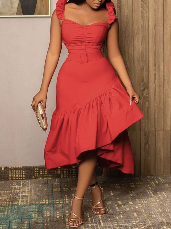 Sleeveless Falbala Empire Solid Color Irregular Clipping Casual Midi Dress
