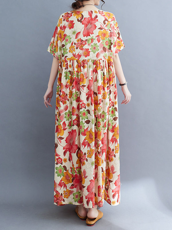 Pleated Printed Split-Joint Loose Short Sleeves Round-Neck Midi Dresses