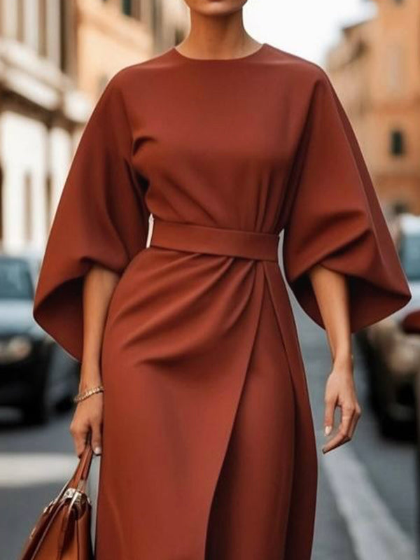 Pleated Solid Color Split-Joint Loose Puff Sleeves Round-neck Midi Dresses