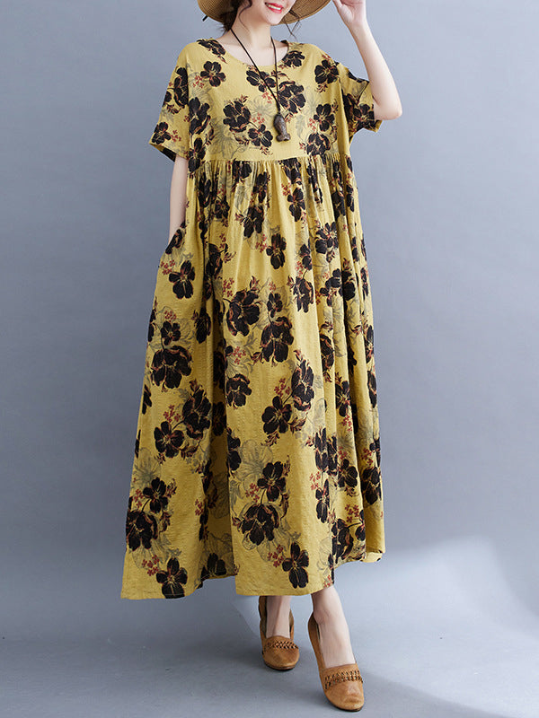 Pleated Printed Split-Joint Loose Short Sleeves Round-Neck Midi Dresses