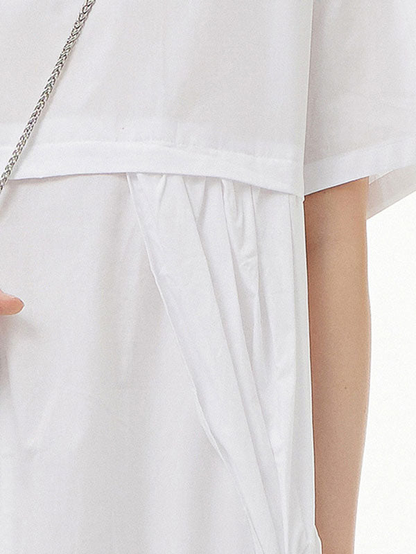 Solid Color Streamer Loose Short Sleeves Round-neck Midi Dresses
