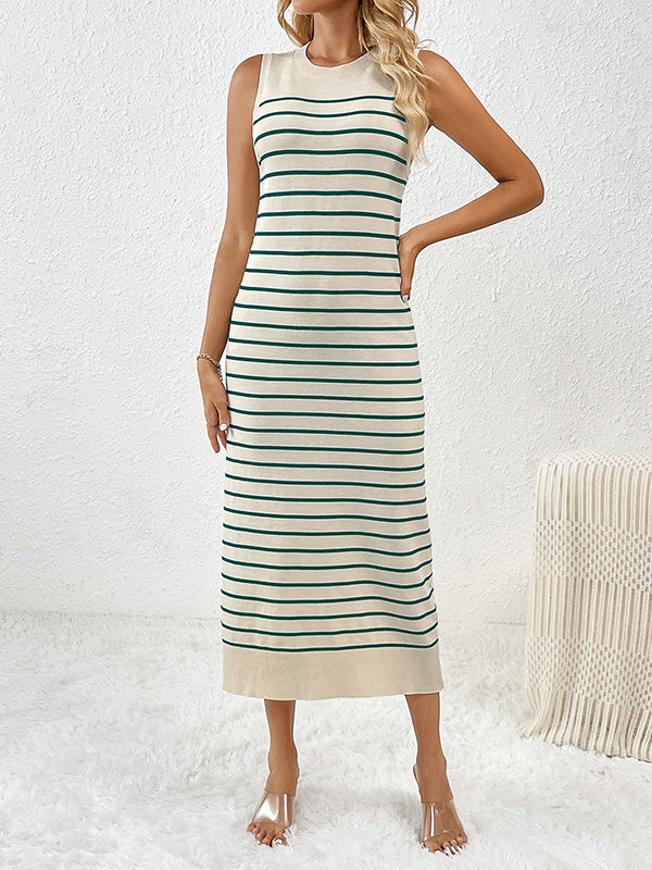 Striped Loose Sleeveless Round-Neck Midi Dresses Knit Dresses