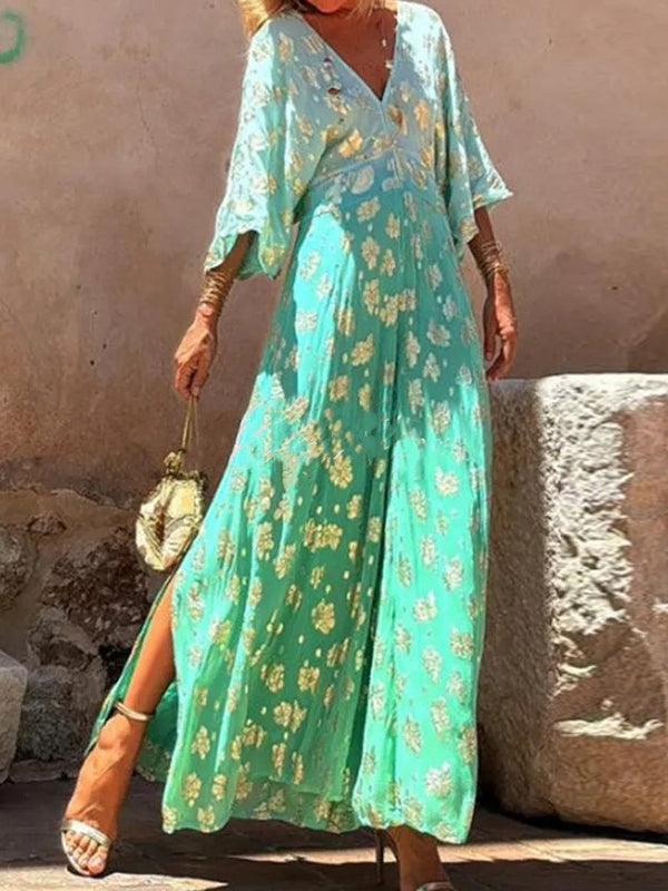 Flower Printed Gradient Color Half Sleeves Bohemia Maxi Dresses