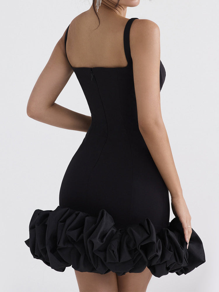 Black Curled-up Halter Backless Dress