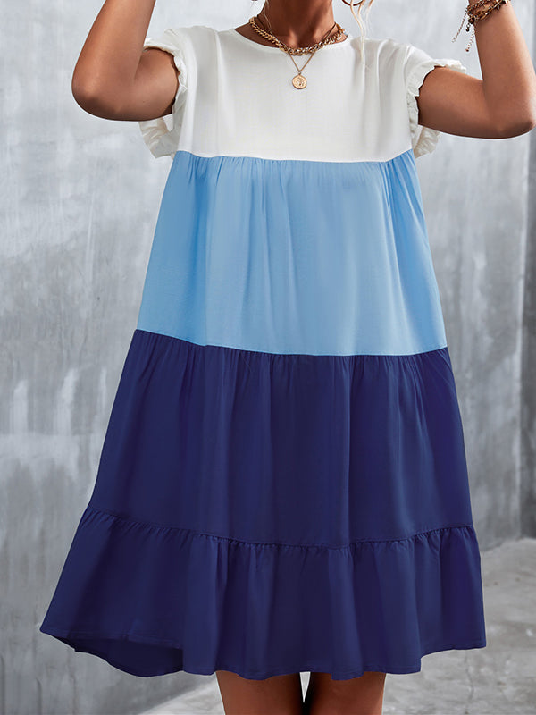 Contrast Color Falbala Pleated Split-Joint Loose Ruffle Sleeves Round-Neck Mini Dresses