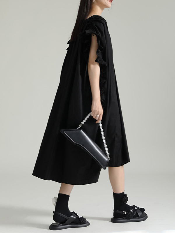 Adjustable Drawstring Pleated Solid Color Loose Raglan Sleeve V-Neck Shirt Dress Midi Dresses