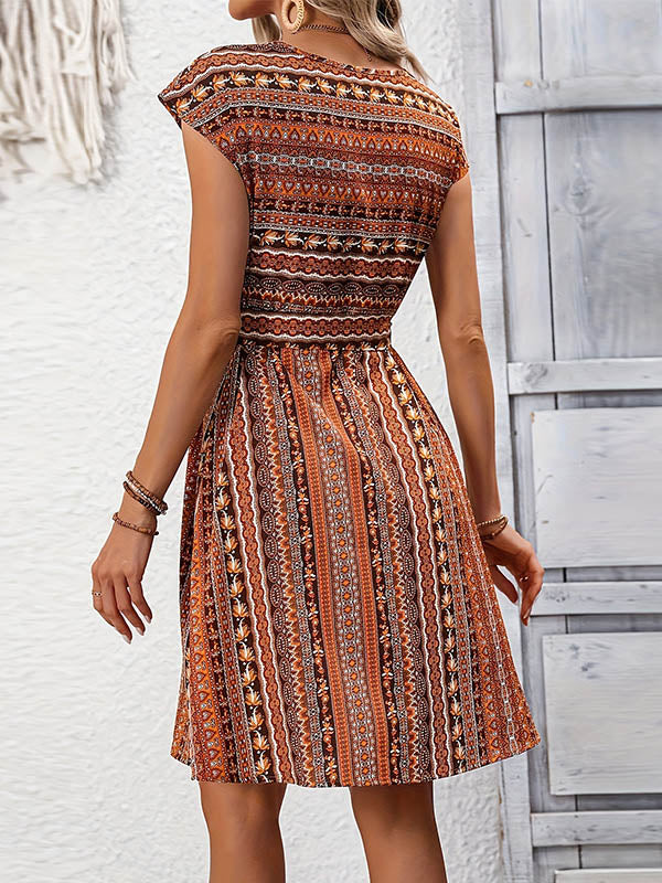 Printed Tied Waist A-Line Loose Round-Neck Mini Dresses