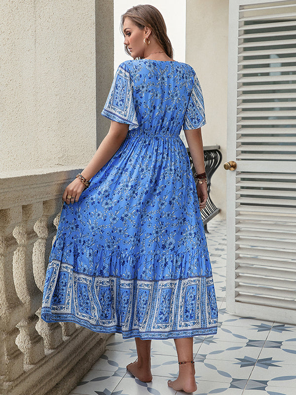 Bohemia Puff Sleeves Floral Printed U-Neck Maxi Dress