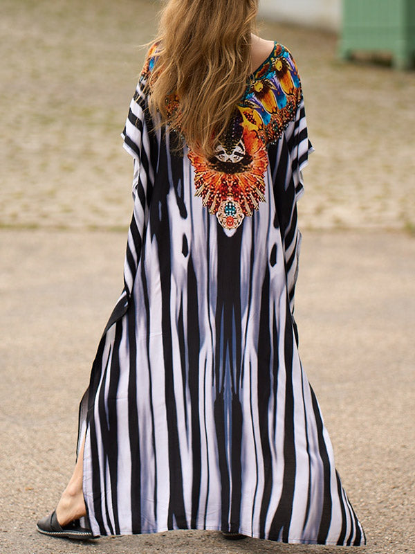 Printed Split-side Striped Batwing Sleeves Loose V-neck Maxi Dresses Beach Cover-Up