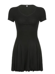 Black V Neck Folds  A-Line Dress