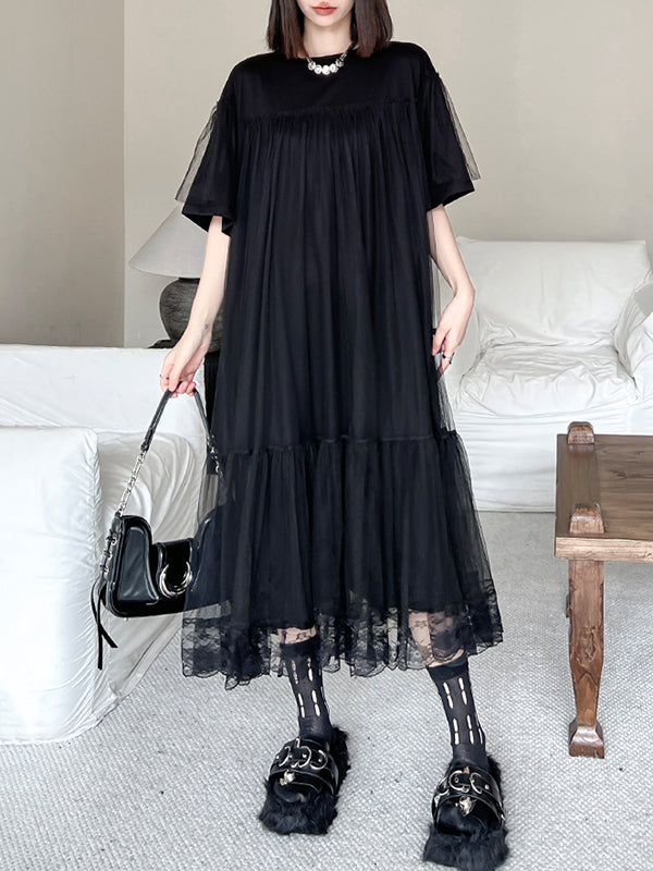 Gauze Pleated Solid Color Split-Joint Tiered Fake Two-Piece Loose Round-Neck Midi Dresses
