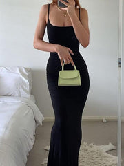 Spaghetti-Strap Plain Maxi Sheath Dress