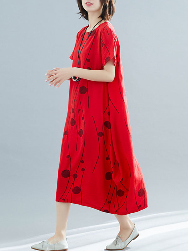 Printed Loose Short Sleeves Round-neck Midi Dresses