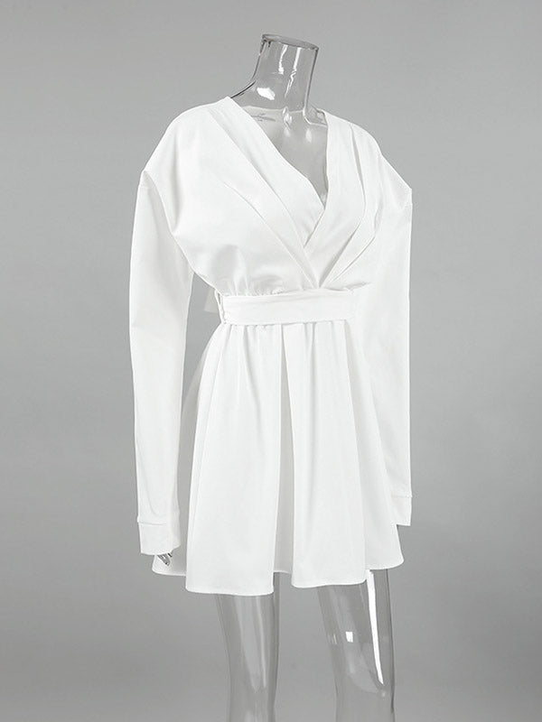 Pleated Solid Color Split-Joint Tied Waist Long Sleeves Loose V-Neck Shirt Dress Mini Dresses