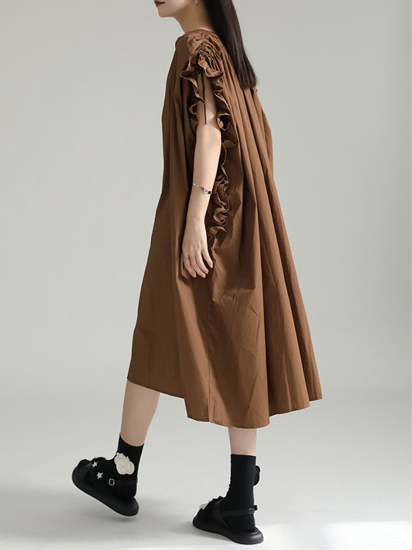 Adjustable Drawstring Pleated Solid Color Loose Raglan Sleeve V-Neck Shirt Dress Midi Dresses