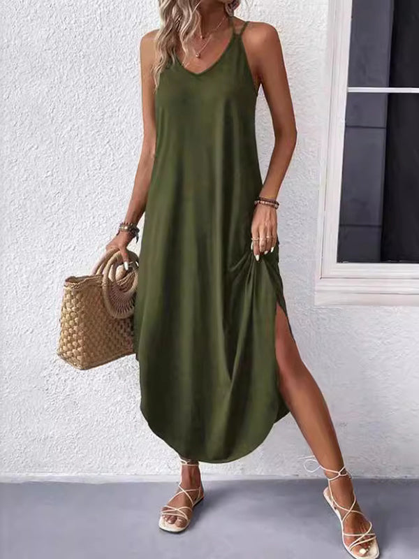 Solid Color Loose Plus Size Spaghetti-Neck Maxi Dresses