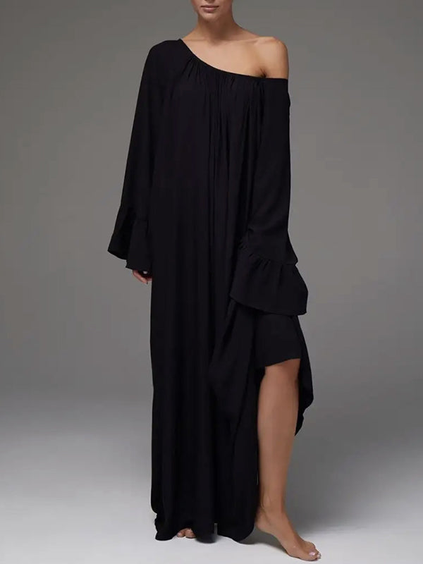 Pleated Solid Color Split-Joint Flared Sleeves Loose Round-Neck Maxi Dresses
