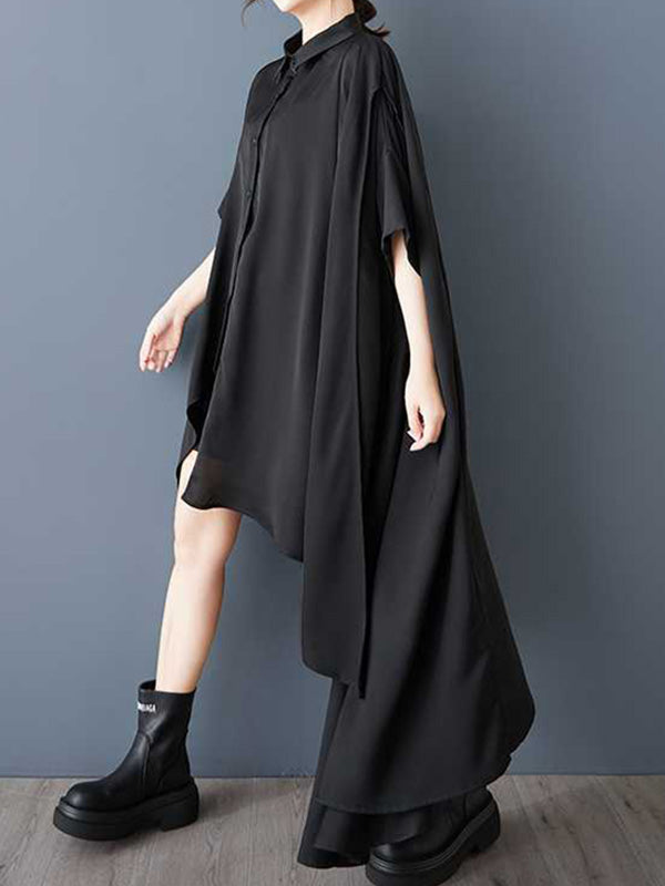 Asymmetric Buttoned Pockets Solid Color A-Line Half Sleeves Lapel Shirt Dress Midi Dresses