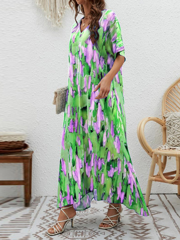 Contrast Color High-Waisted Printed Loose Short Sleeves V-neck Maxi Dresses
