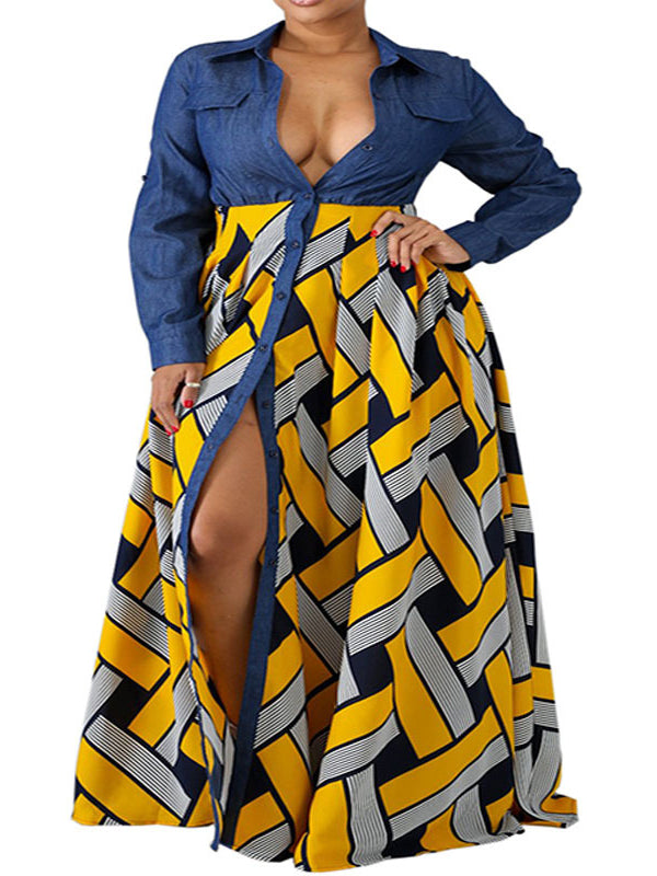 Buttoned Elasticity Printed Split-Joint Long Sleeves Loose Lapel Maxi Dresses