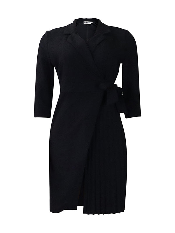 Pleated Solid Color Split-Front Tied Waist Three-Quarter Sleeves V-Neck Mini Dresses