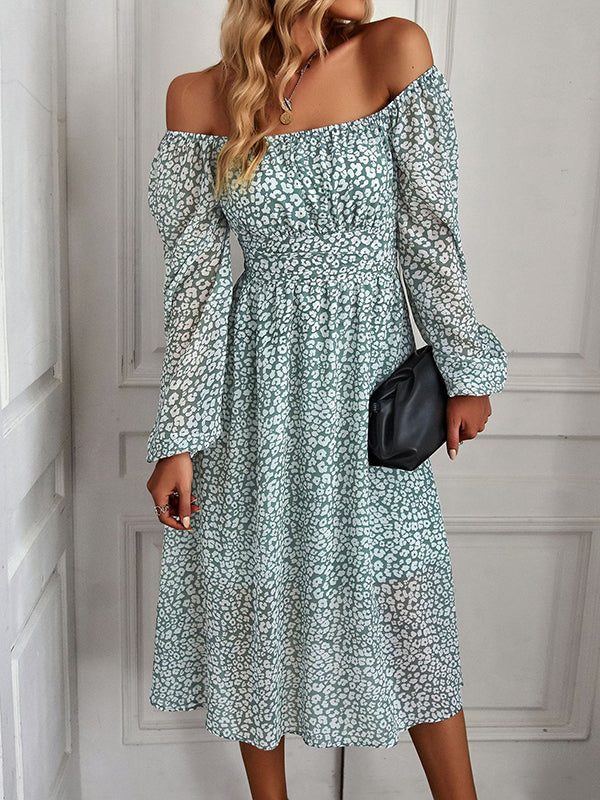Vacation Loose Long Sleeves Floral Printed U-Neck Midi Dress