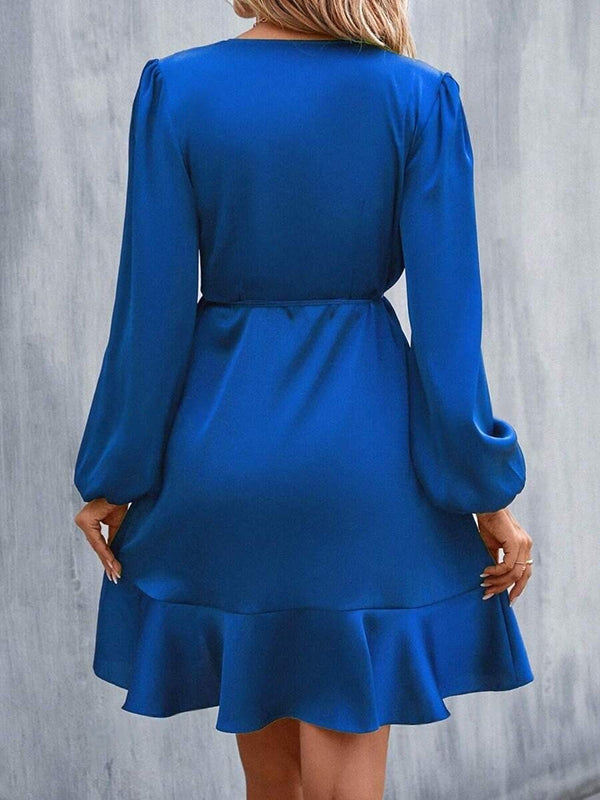 Elasticity Pleated Solid Color Split-Joint Tied High Waisted High-Low V-Neck Mini Dresses