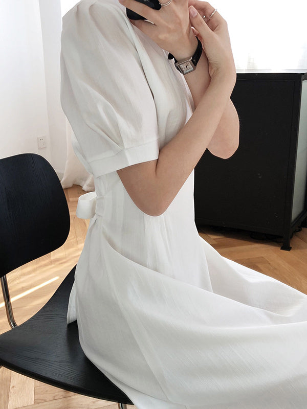 Original Creation Loose Short Sleeves Solid Color Round-Neck Midi Dresses