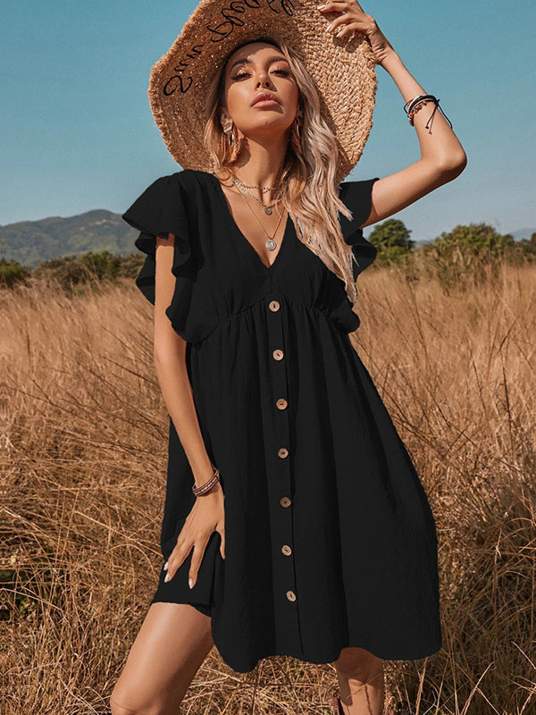 Vacation Buckle Solid Color V-Neck Mini Dress