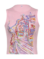 Pink Cute Graphic Printing Sleeveless Top