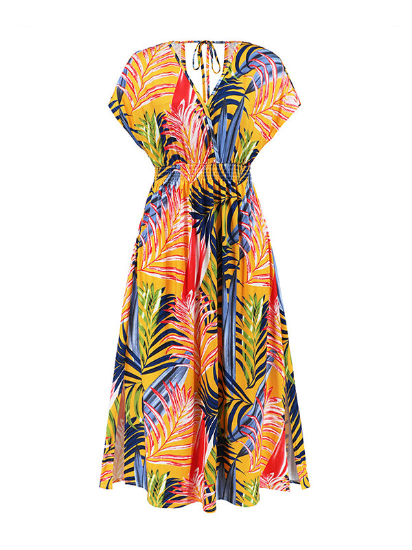 Hollow Lace-Up Printed Split-Joint Loose Short Sleeves V-Neck Midi Dresses
