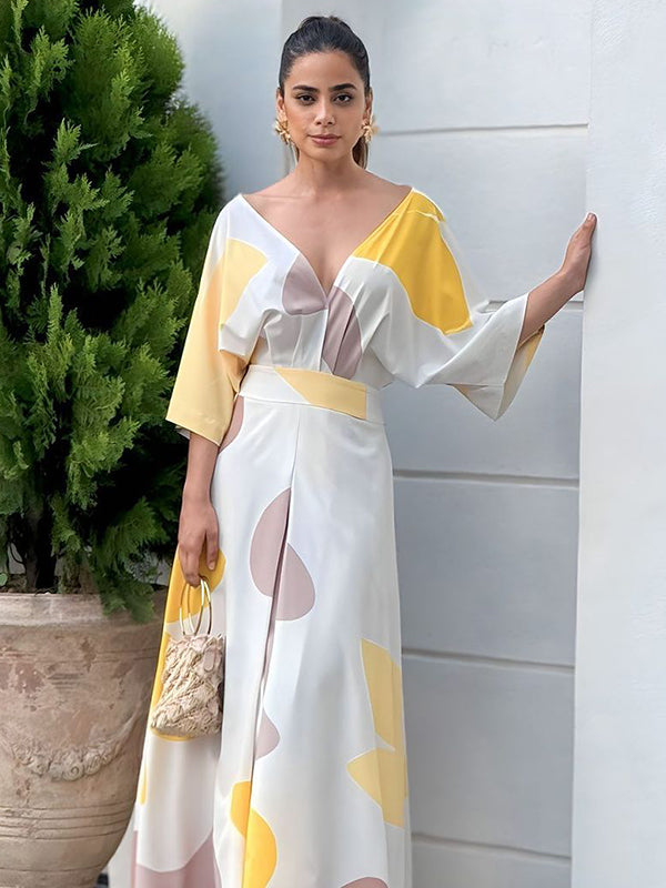 High-Waisted Printed Loose Raglan Sleeve Deep V-Neck Maxi Dresses